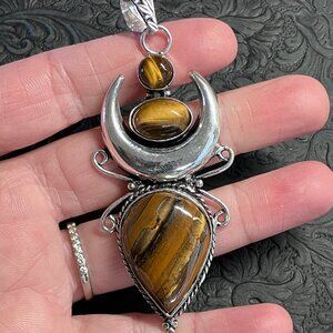 Witchy Tigers Eye Crescent Moon Pendant Stone Crystal Fairycore Jewelry